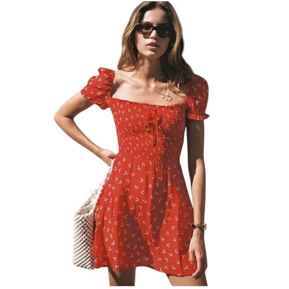 Faithfull The Brand Red Floral Smocked Puff Sleeve Mini Dress Size S Cottagecore